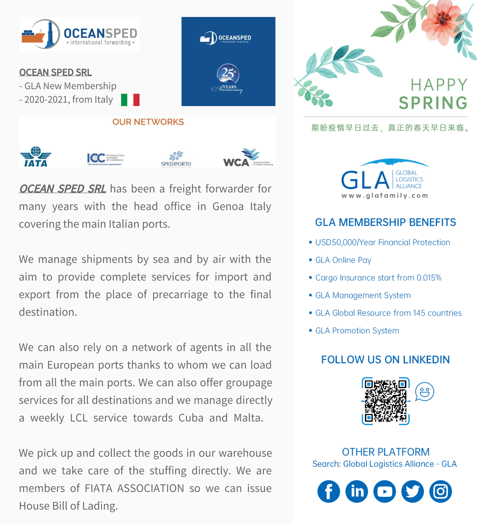 GLA NEW MEMBERSHIP | OCEAN SPED SRL from Italy-GLA family ...